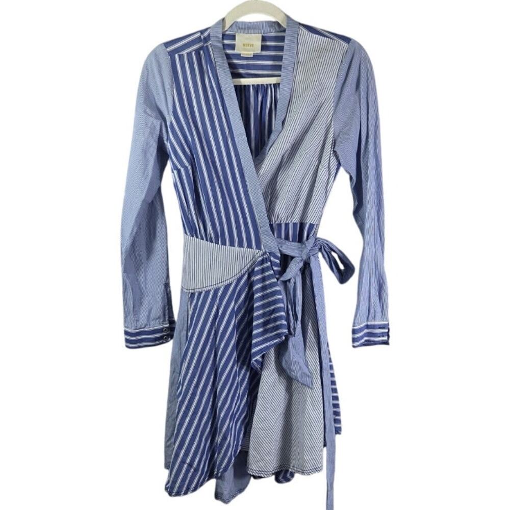 Anthropologie Maeve Wrap Dress‎ Nlue and White Striped Long Sleeve Size 2